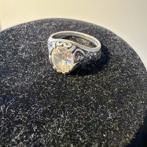 Vintage Sterling Silver Ring With Large Faceted Crystal  CZ Solitaire ~ Size 7.5